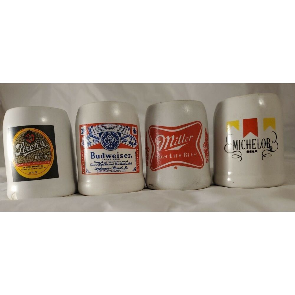 Beer Mugs Shot Glasses Lot of 4 Barware Budweiser Miller Strohs Michelob Mancave - Picture 2 of 12